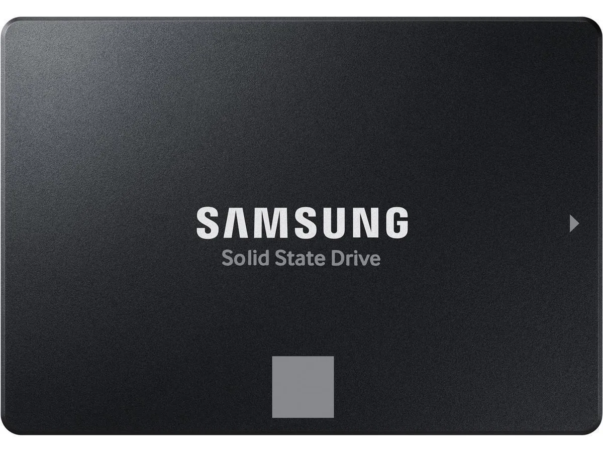 Rectangular black metal 2.5 inch SATA SSD with Samsung label