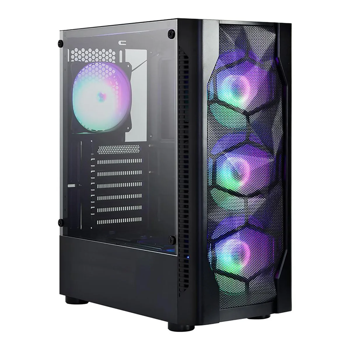 Black desktop tower with front panel vents and side panel visible