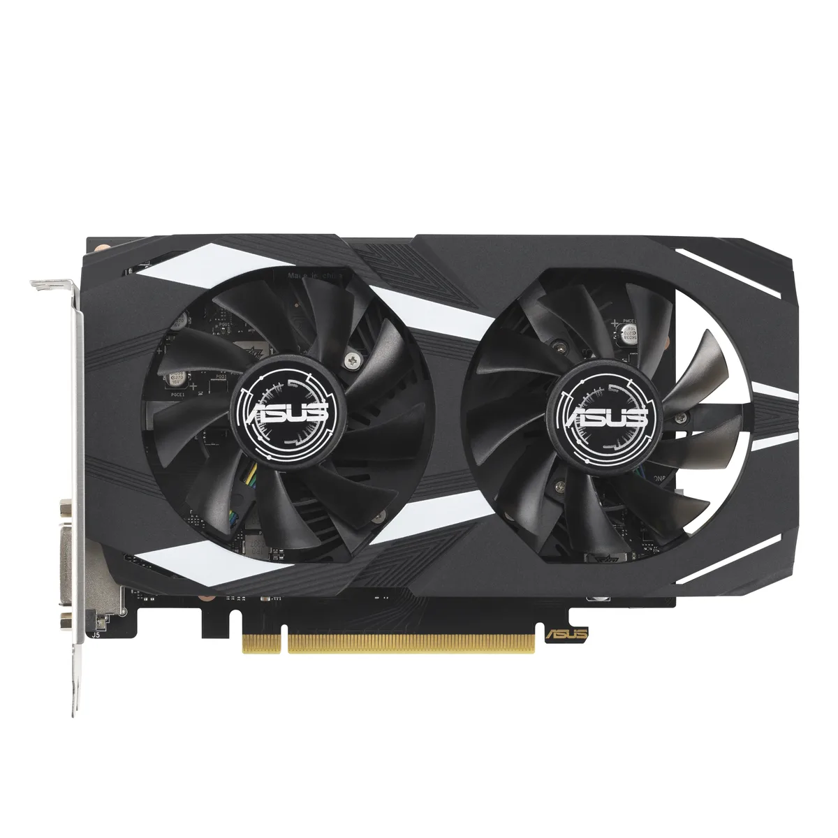 Black dual-slot graphics card with two axial fans and metal backplate