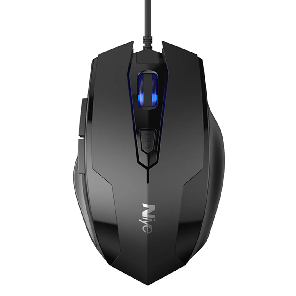 Black wired gaming mouse with six buttons and ergonomic shape