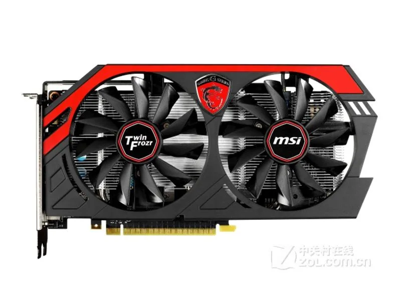 Black dual-fan graphics card with silver heatsink visible through vents, metal backplate, PCI Express bracket, compact dual-slot design