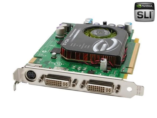 EVGA e-GeForce 7600 GT graphics card, 9 inch PCB, silver heatsink, dual-slot bracket