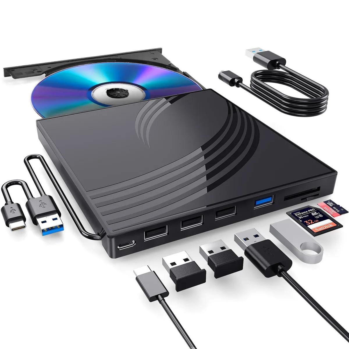 KEHIPI KEHIPI External CD/DVD Duplicator 8x DVD 24x CD USB 3.0 Hub 4 USB-A 1 Type-C 2 TF/SD Black — 商品照片