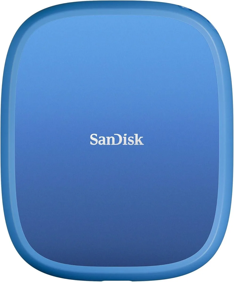 Blue rectangular external SSD with magnetic ring attached, rounded corners, silicone finish
