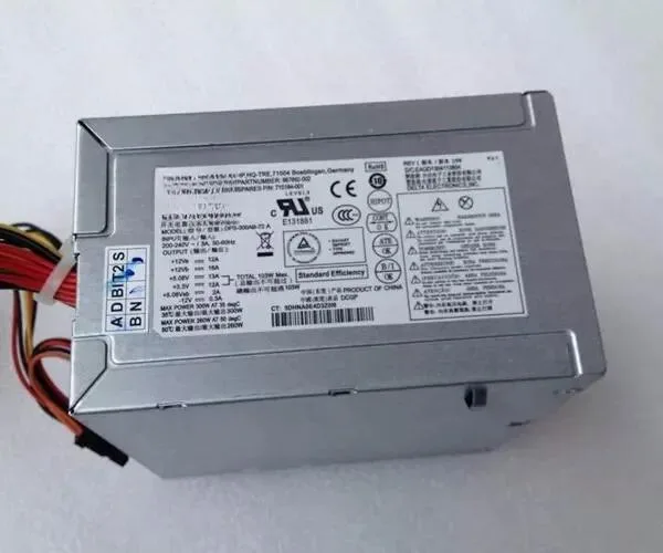 Silver ATX power supply unit with label showing model numbers