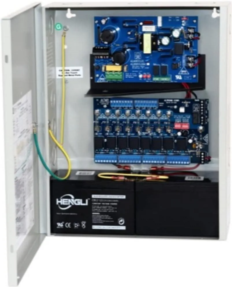 Metal enclosure with eight fused output terminals and power supply labels
