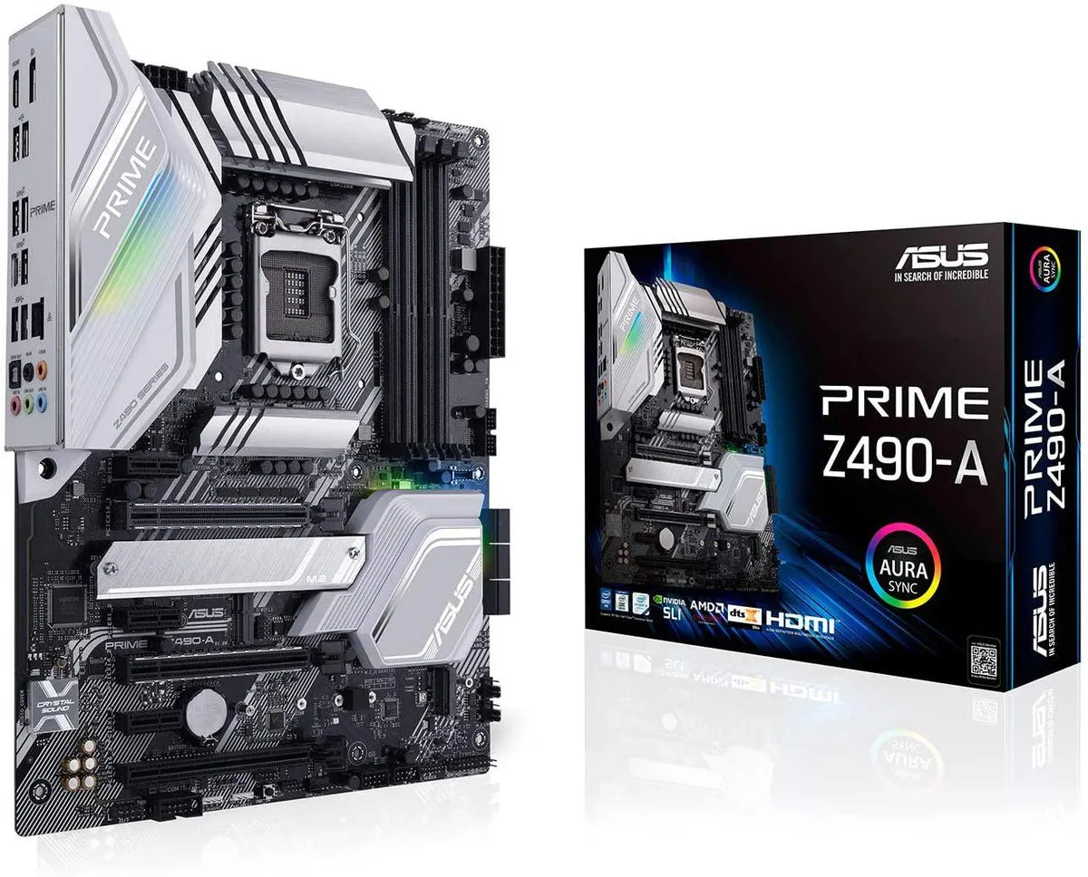 ATX motherboard with black PCB silver heatsinks and RGB lighting