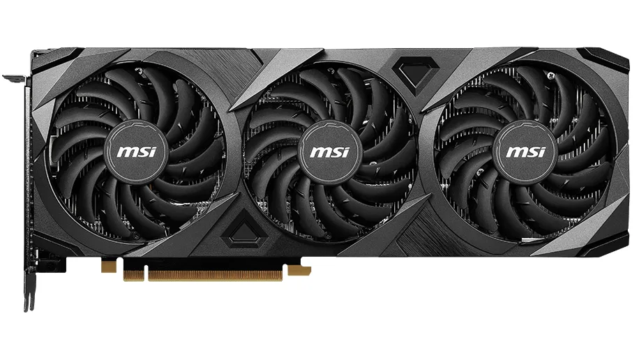Black triple-fan graphics card with silver accents, full-length ATX form factor, dual 8-pin power connectors visible