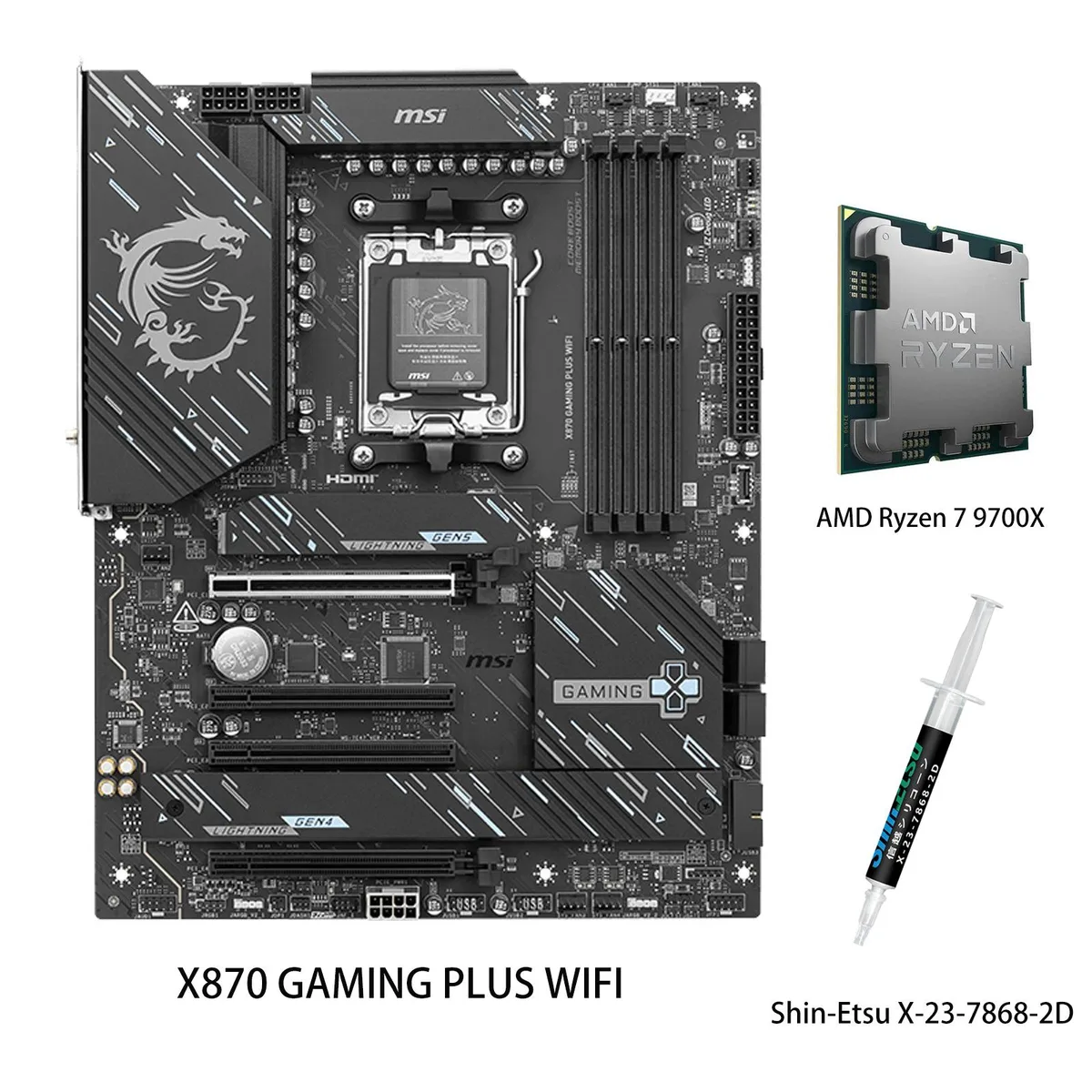 ATX motherboard with black heatsinks and silver CPU in socket
