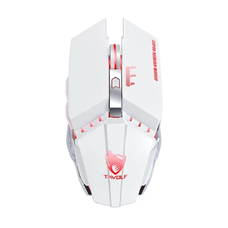 Pearl white wireless gaming mouse with electroplated side wings and metal scroll wheel, six buttons, colorful breathing backlight