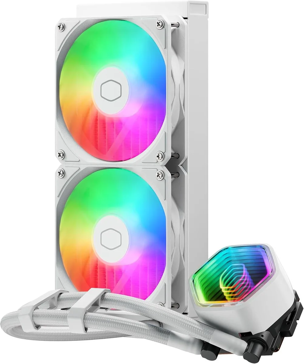 White 240 mm radiator with two 120 mm ARGB fans and a square pump block showing an infinity mirror top