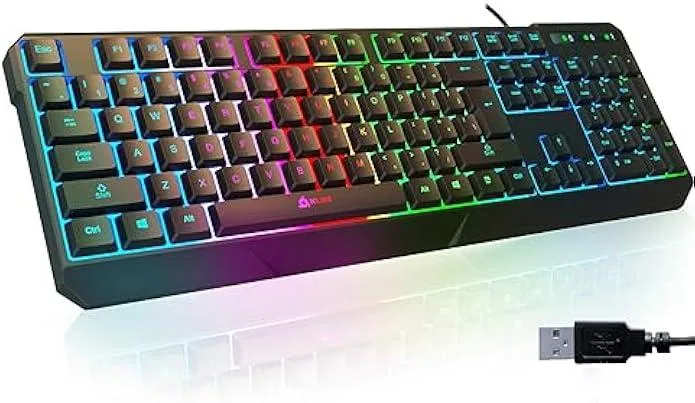 Black wired gaming keyboard with rainbow backlighting, ABS frame, membrane keys