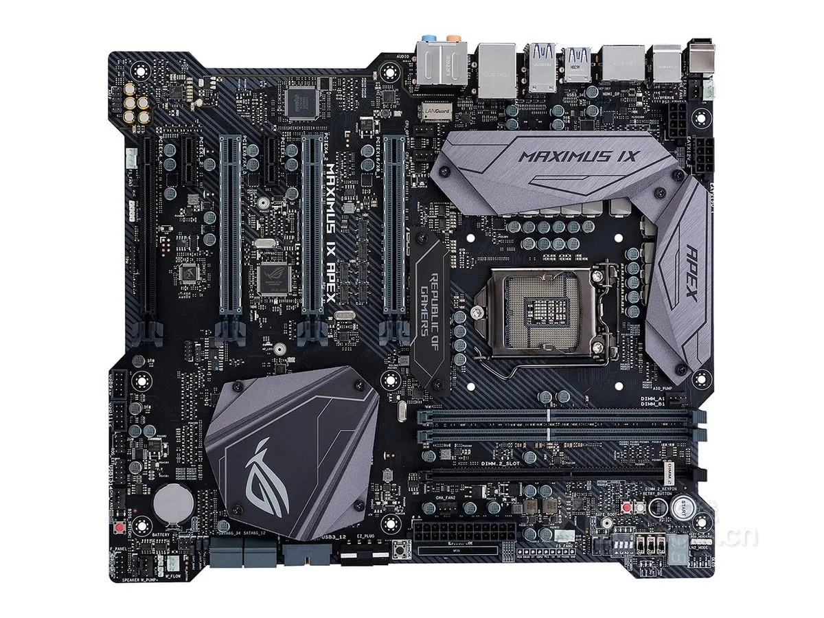 E-ATX motherboard in dark finish with LGA 1151 socket and DDR4 slots