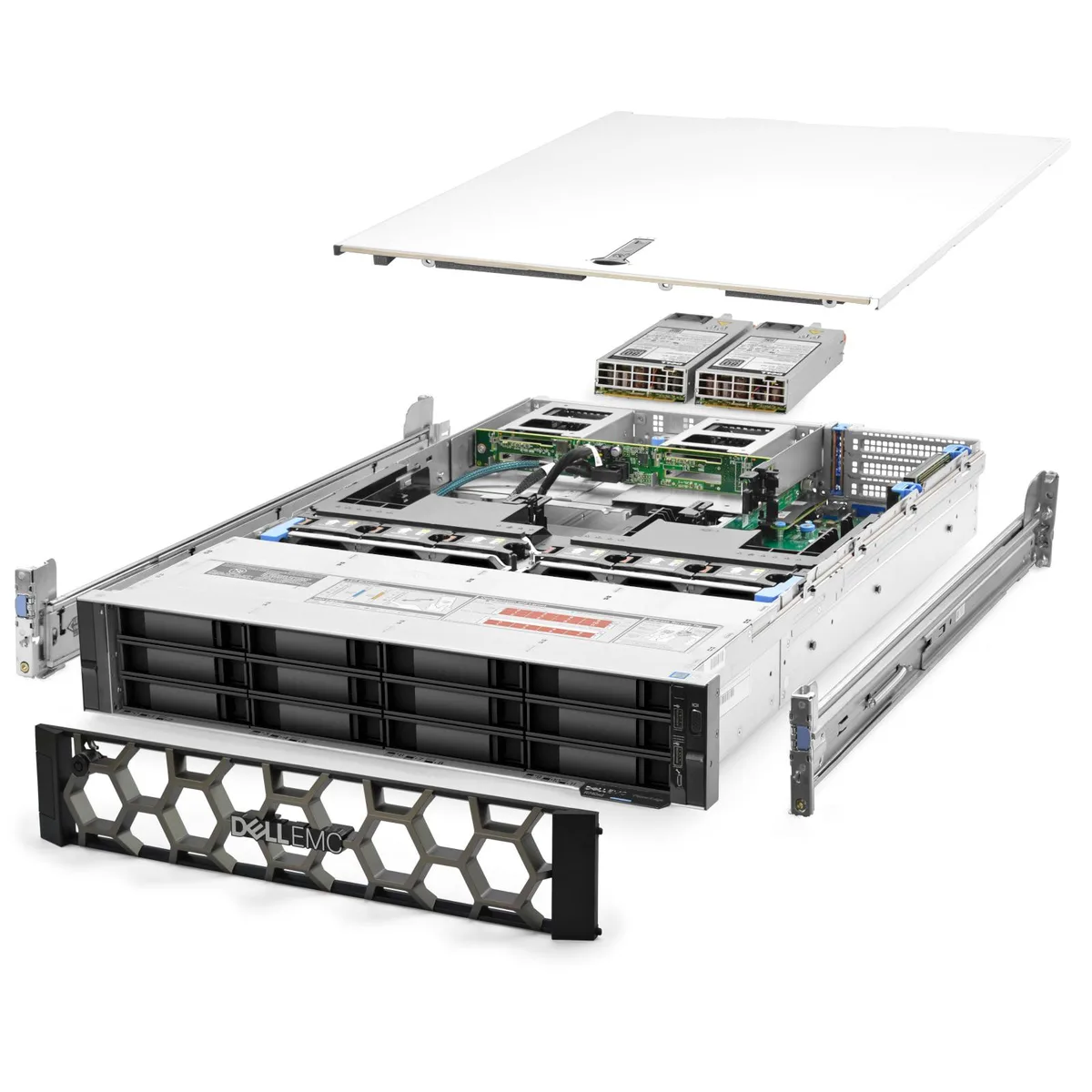 Silver 2U rack server with twelve 3.5-inch drive bays and sliding rails