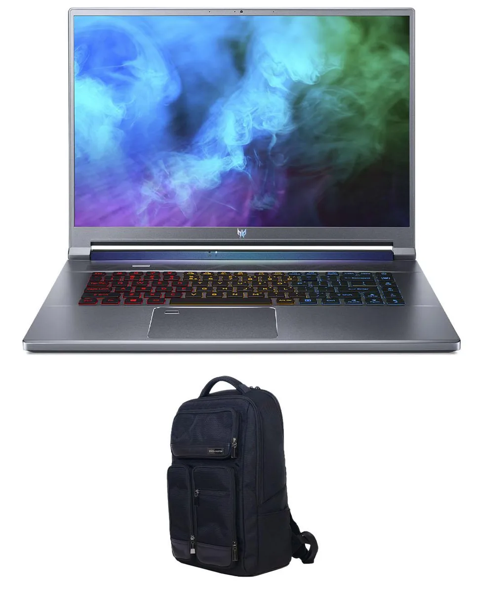 Gray gaming laptop with 16 inch screen and matching backpack