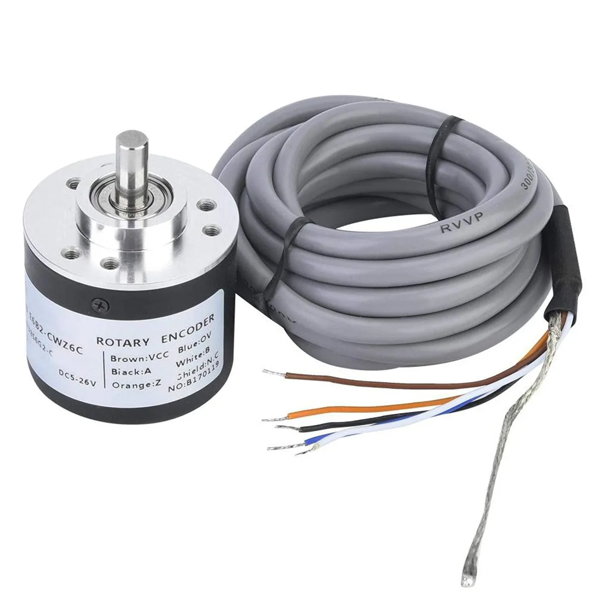 Small cylindrical encoder with metal body and stainless shaft, 38mm diameter, 2m cable