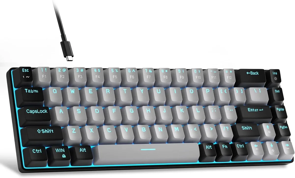 Compact 68-key mechanical keyboard grey and black with blue LED backlighting and detachable USB cable