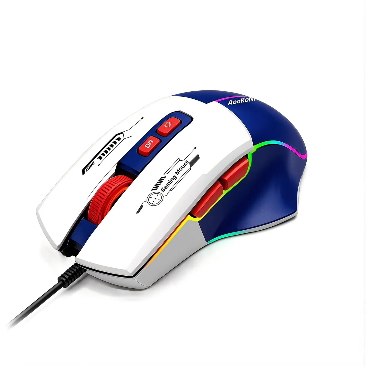 Blue right-handed wired gaming mouse with ergonomic thumb rest, RGB lighting and seven buttons