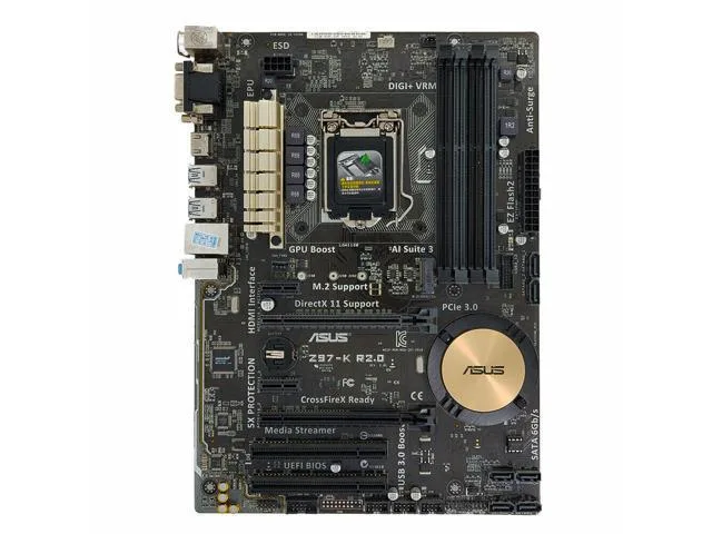 ASUS Z97-K R2.0 ATX motherboard, black PCB with silver heatsinks, LGA 1150 socket, four DDR3 slots, HDMI port