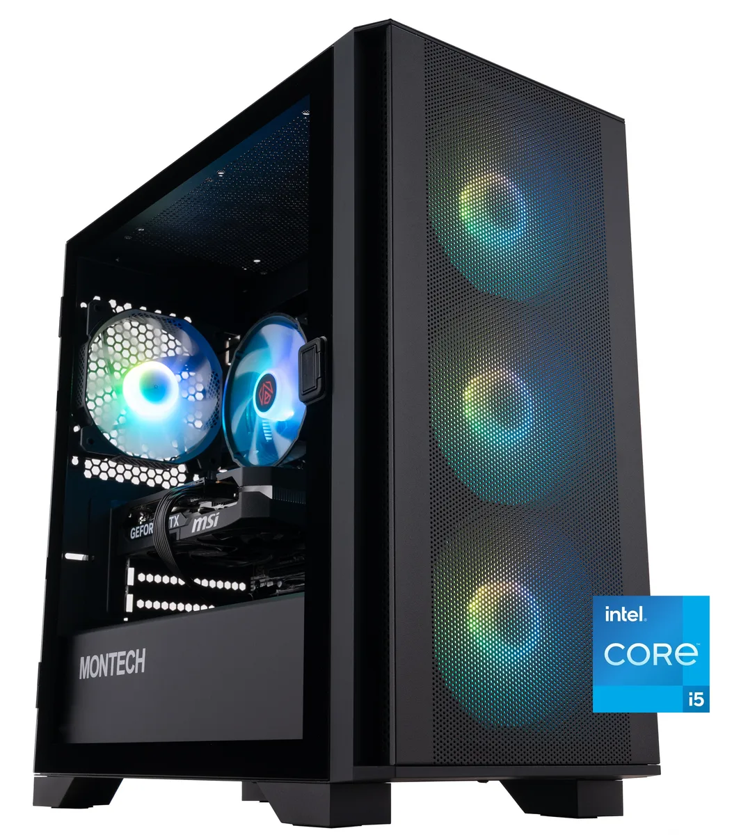 Black mid-tower gaming desktop with four ARGB fans and RGB cooler visible through glass side panel