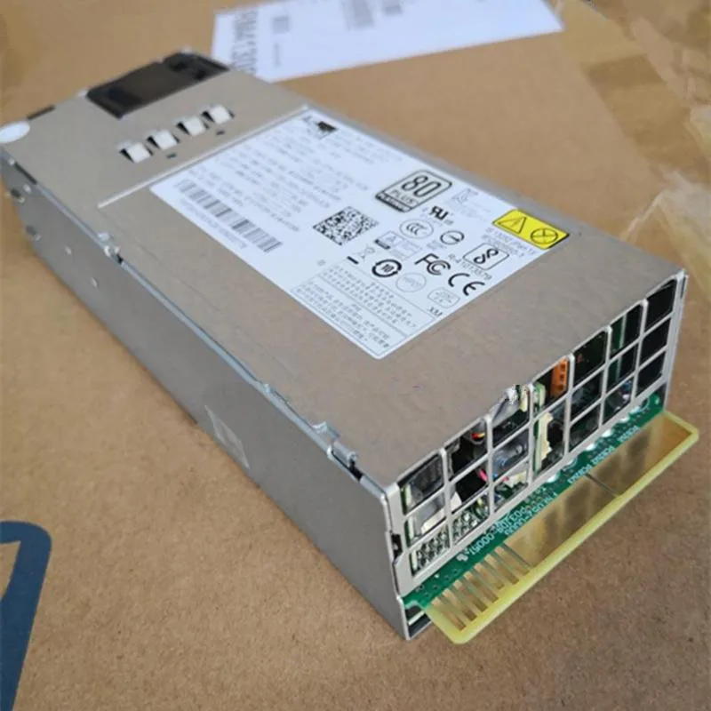 Red rectangular server power supply unit with silver label and black fan grille