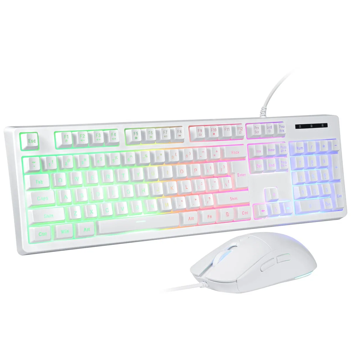 White wired gaming keyboard and mouse combo with rainbow LED backlighting