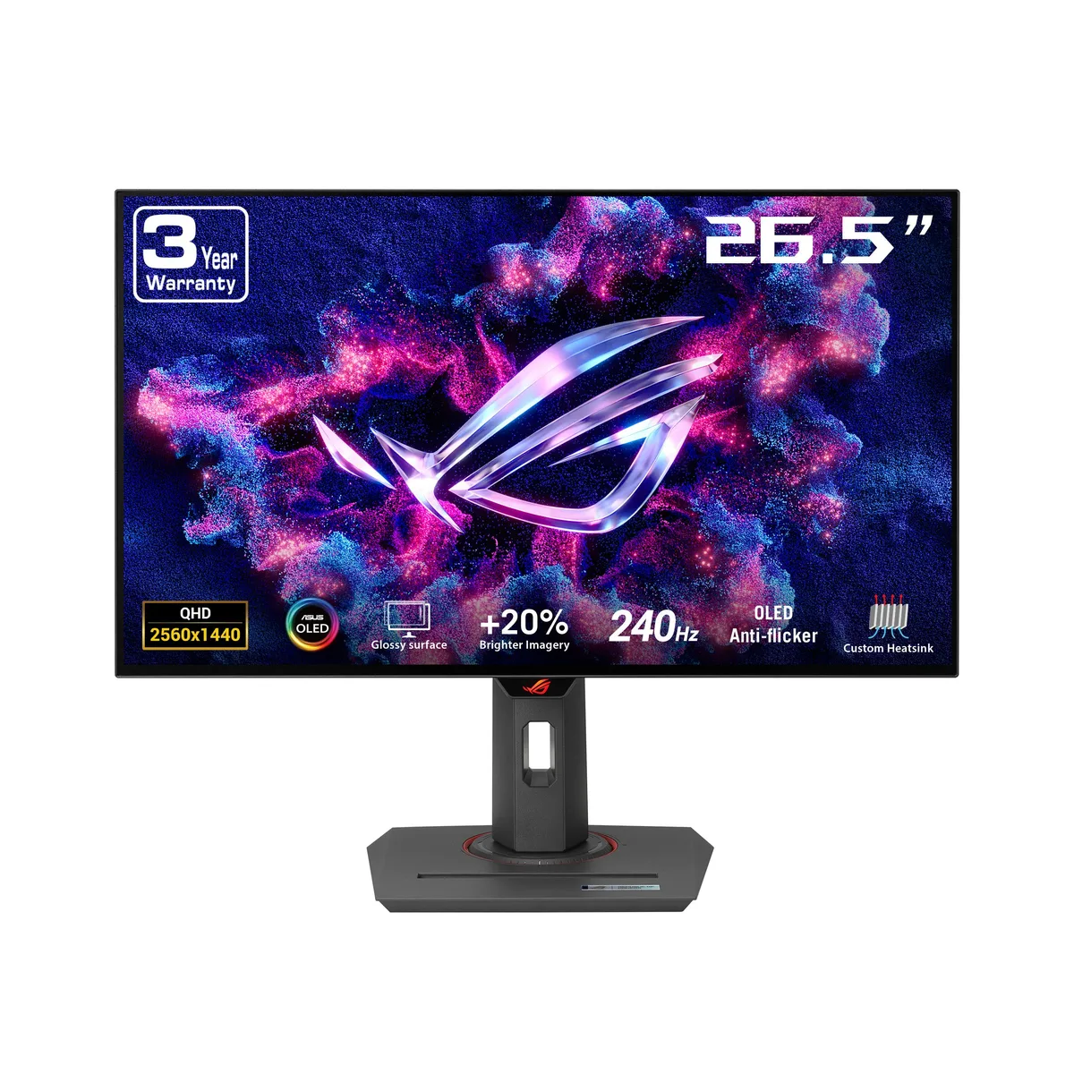 27 inch black OLED monitor with ultrathin bezels on a height adjustable stand