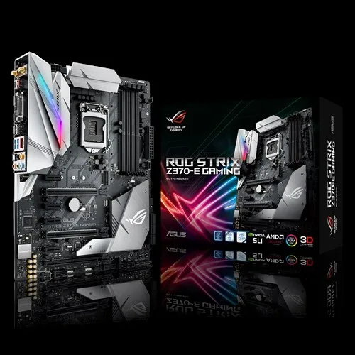 ASUS ROG STRIX Z370-E GAMING ATX motherboard, black PCB with silver heatsinks