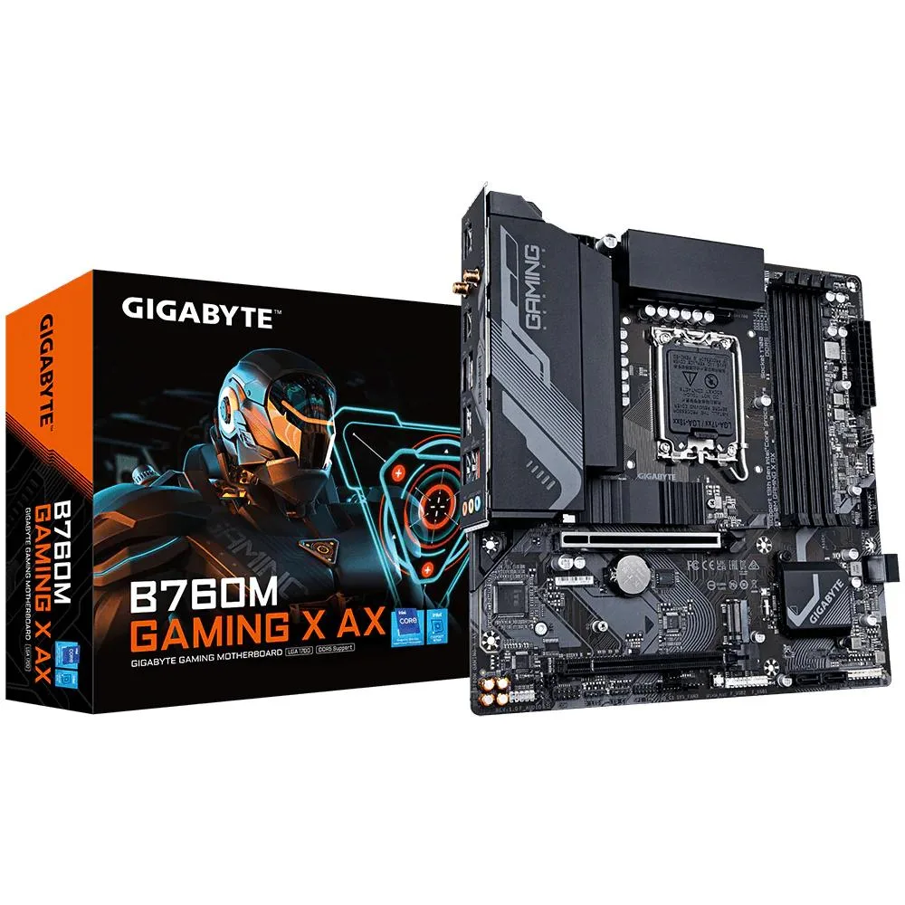 Micro-ATX board, dark PCB with silver heatsinks, LGA 1700 socket, four DDR5 slots, two M.2 shields