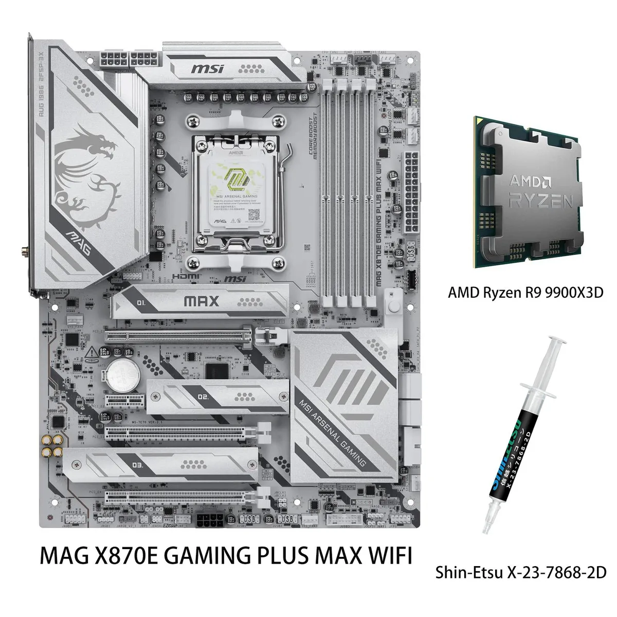 ATX motherboard in black with silver heatsinks, paired with Ryzen 9 9900X3D CPU in grey and silver