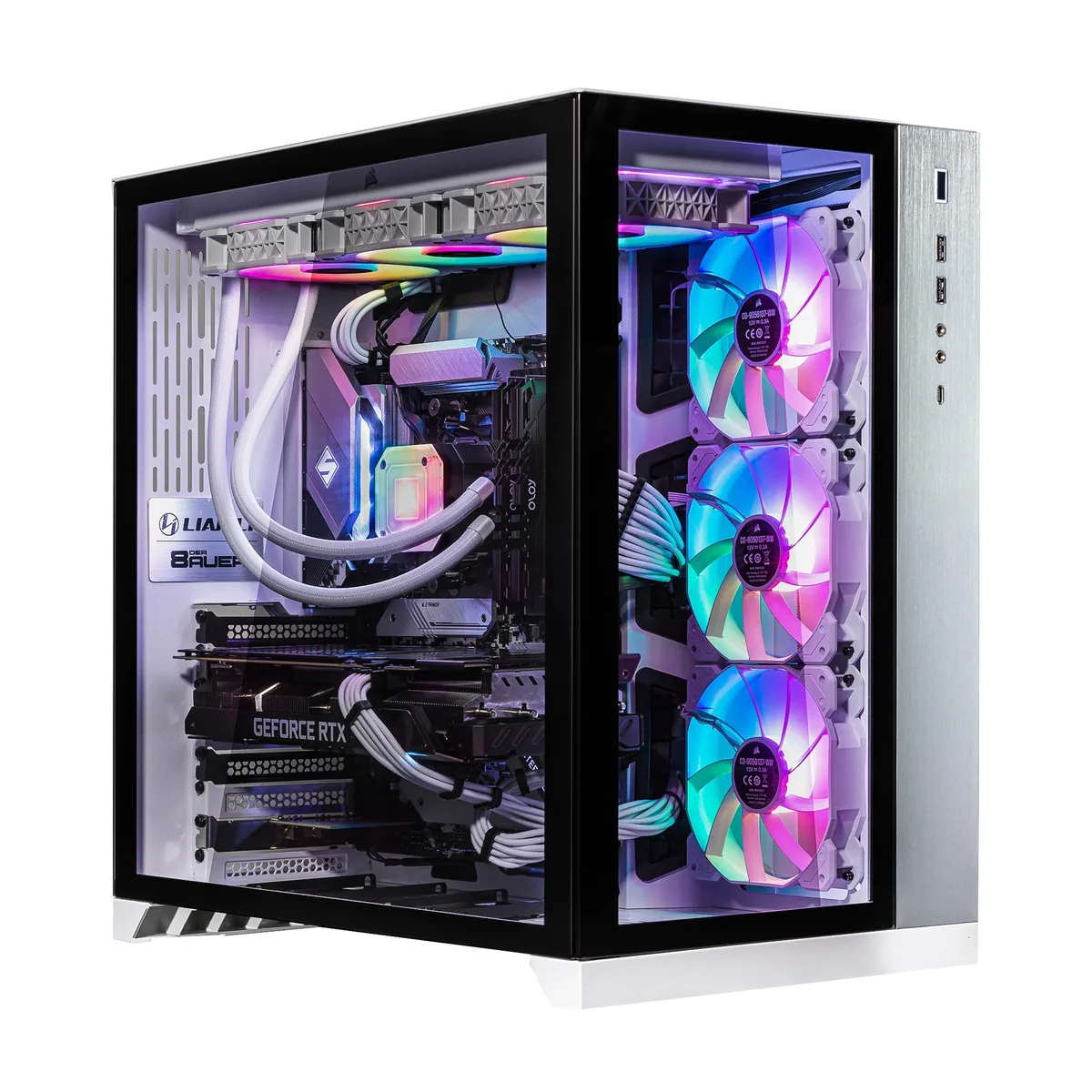 White mid-tower gaming desktop with 360mm AIO and RGB lighting