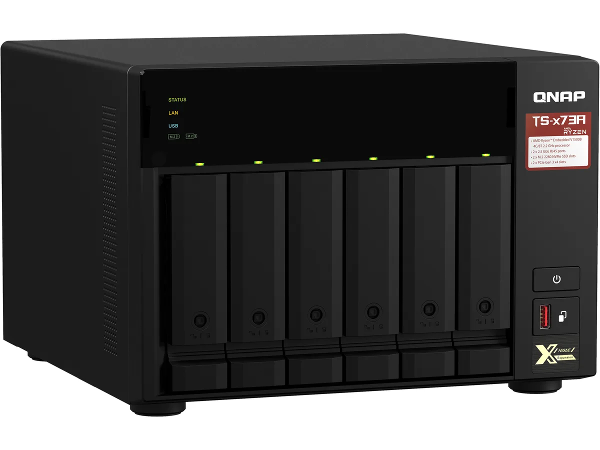 Silver six-bay desktop NAS enclosure with front drive trays
