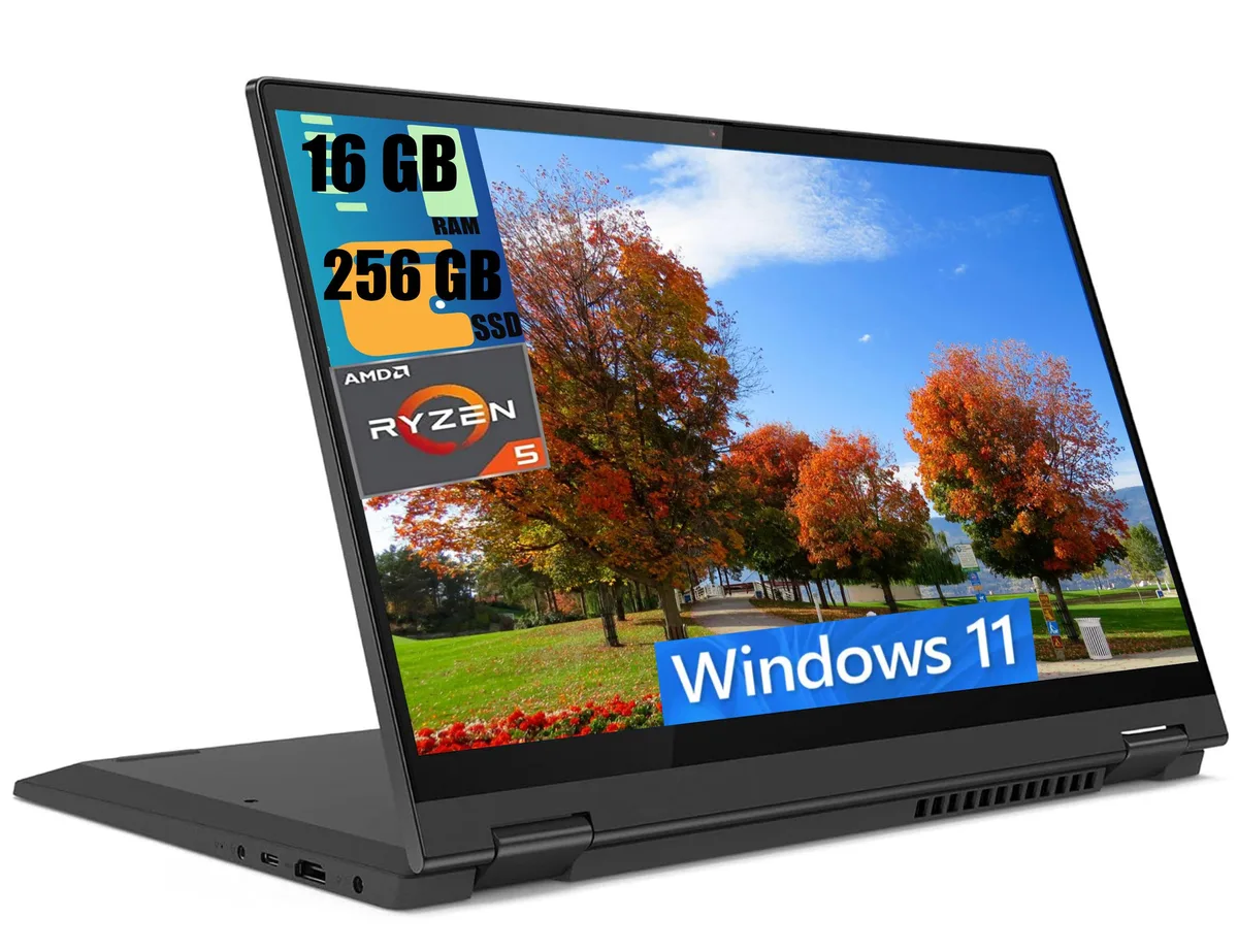Grey 14 inch 2-in-1 laptop with touchscreen display, backlit keyboard and fingerprint reader