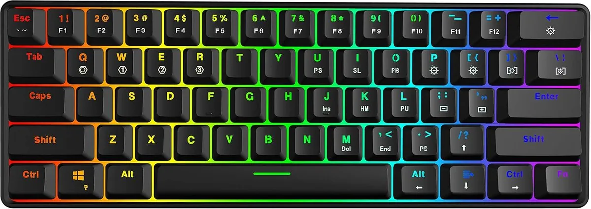 Compact 60 percent mechanical keyboard with 61 keys and RGB backlighting