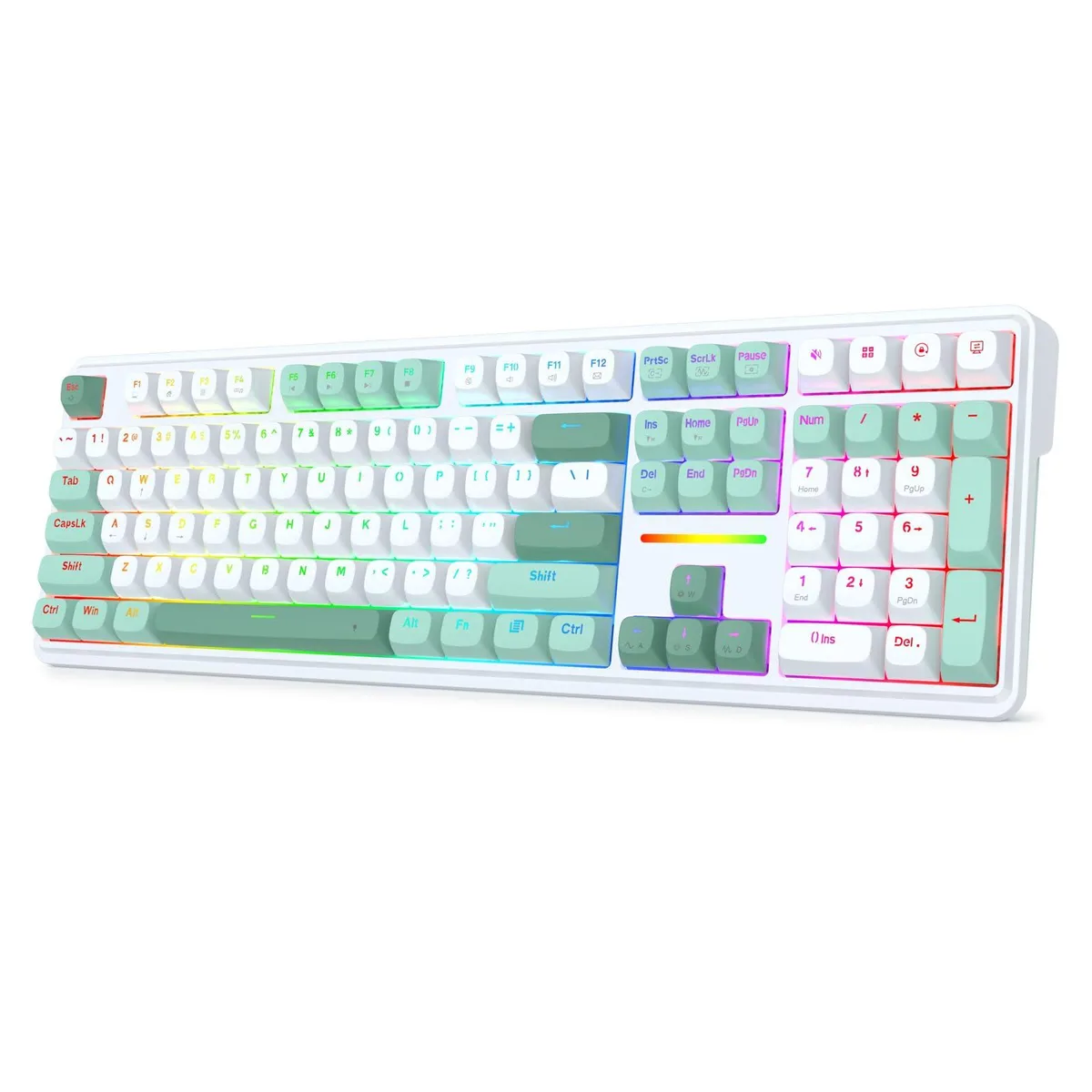 Full-size black wired gaming keyboard with RGB backlighting and 108 keys
