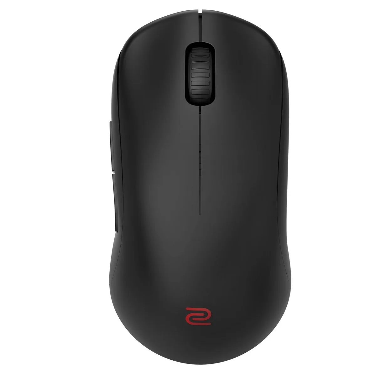 Black symmetrical wireless gaming mouse with curved sides, seven buttons, 24-step scroll wheel and 2.4 GHz receiver