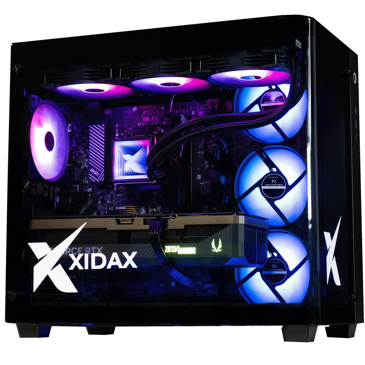 Black mid-tower gaming desktop with six RGB fans and liquid cooling visible through glass side panel