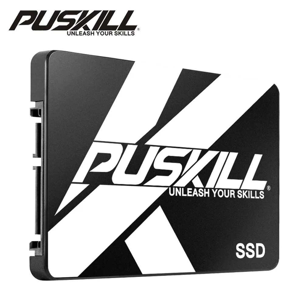 Rectangular 2.5 inch SATA SSD with black metal casing and label showing 480GB capacity