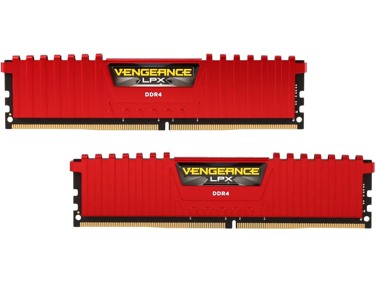 Two red low-profile DDR4 modules with anodized aluminum heatspreaders