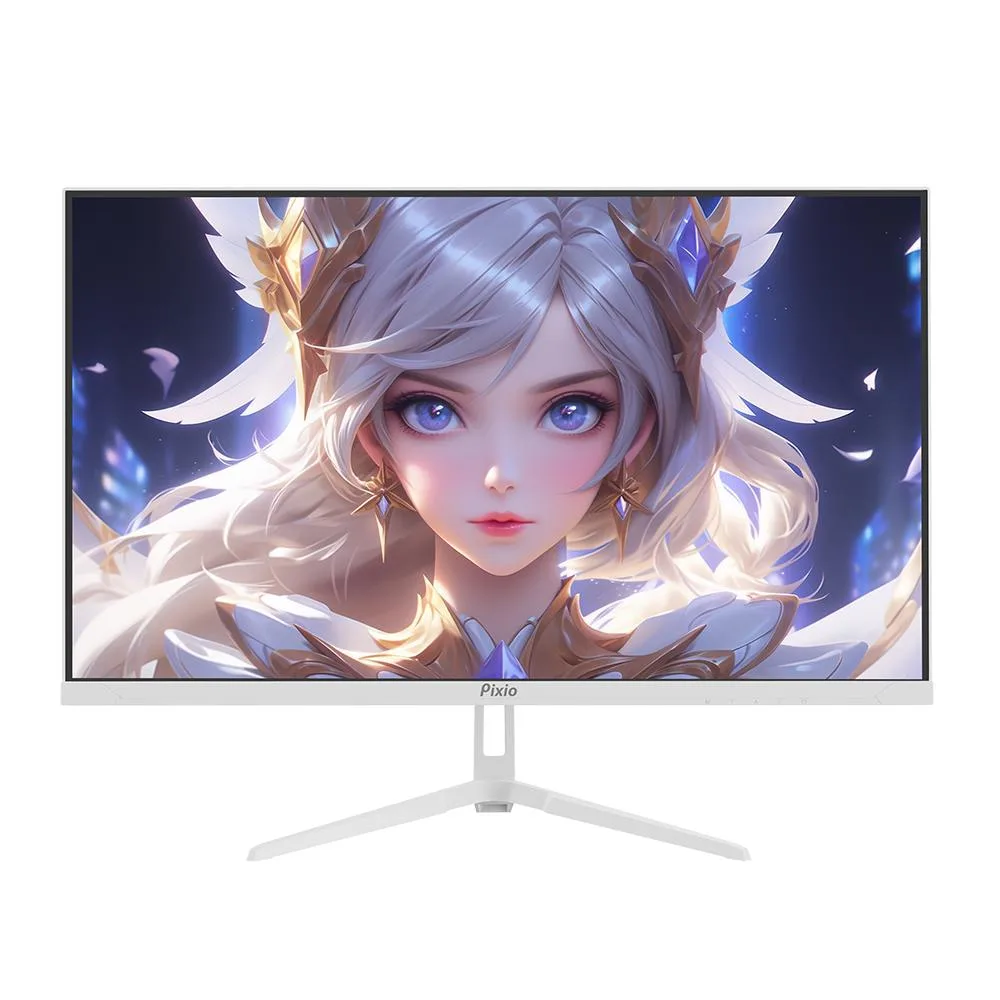 White 27 inch flat gaming monitor with frameless edges and a minimal stand