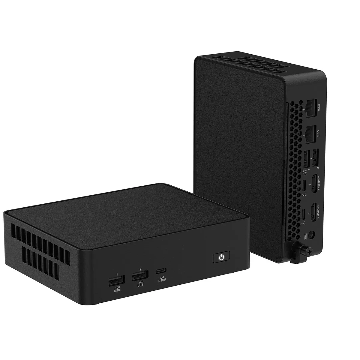 Compact square mini PC in matte black finish with front USB-C and dual HDMI ports