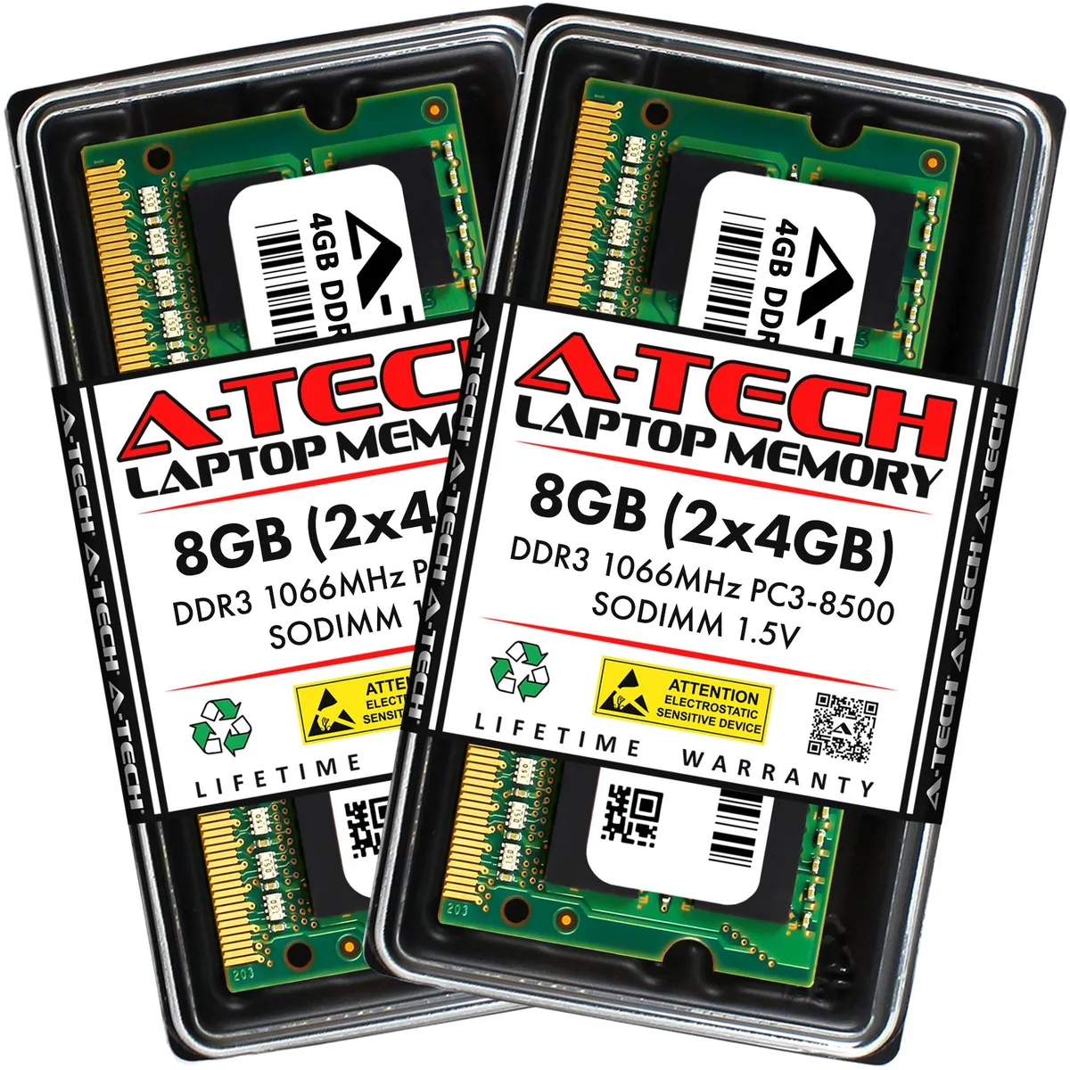 A-Tech A-Tech 8GB Kit (2x4GB) DDR3 1066MHz SODIMM PC3-8500 CL7 1.5V Non-ECC Unbuffered 204-Pin Laptop RAM — photo du produit
