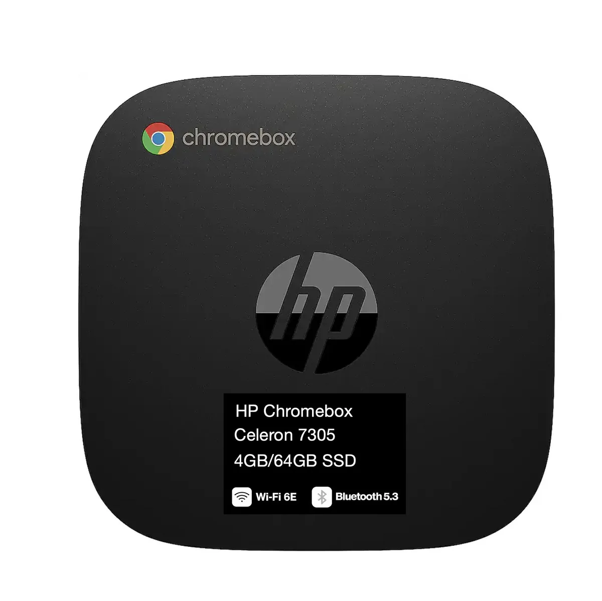 Small black square mini desktop with two HDMI ports and a USB-C port
