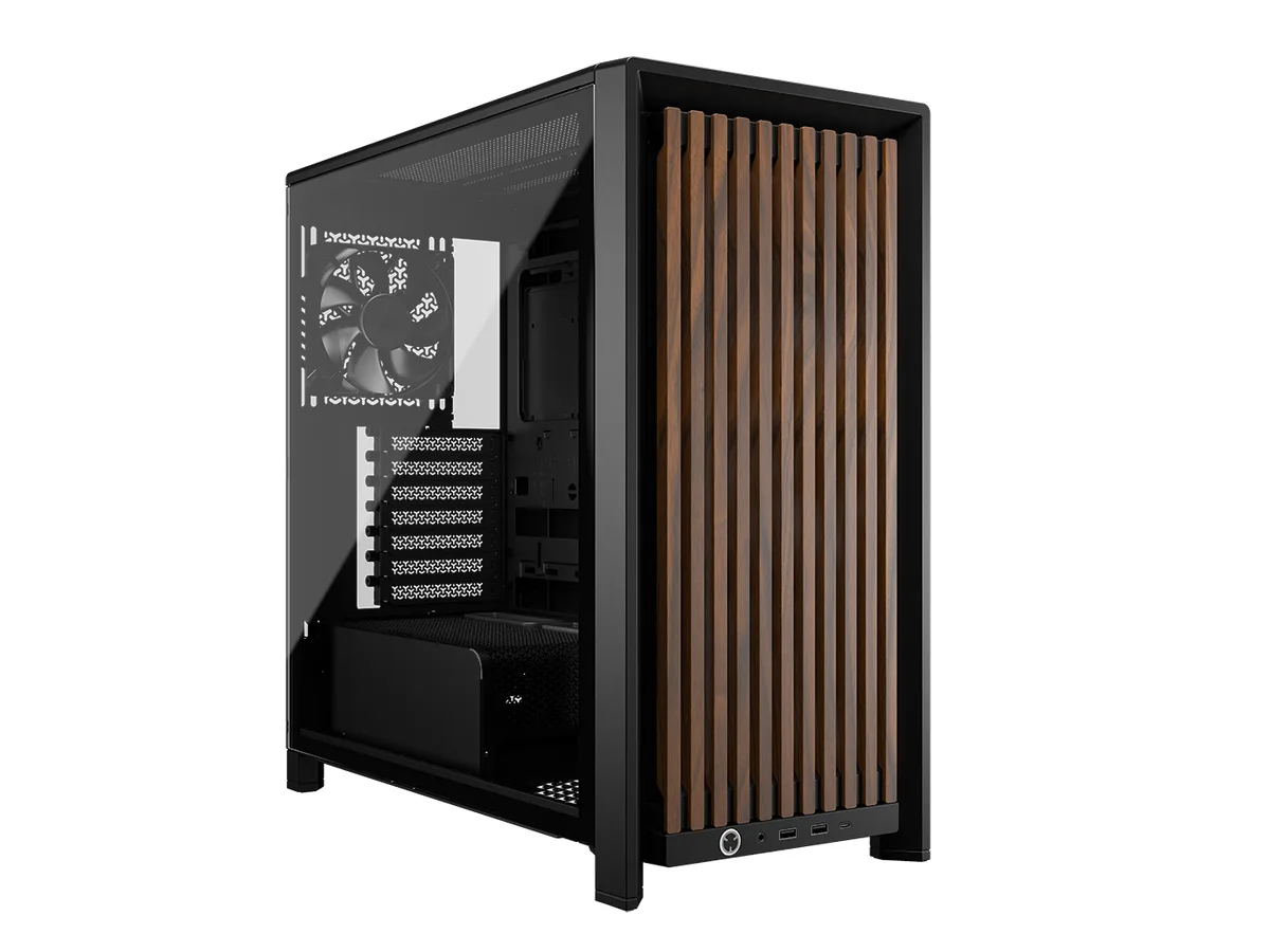 Mid-tower PC case with solid walnut front panel and black steel frame, tempered glass side panel visible