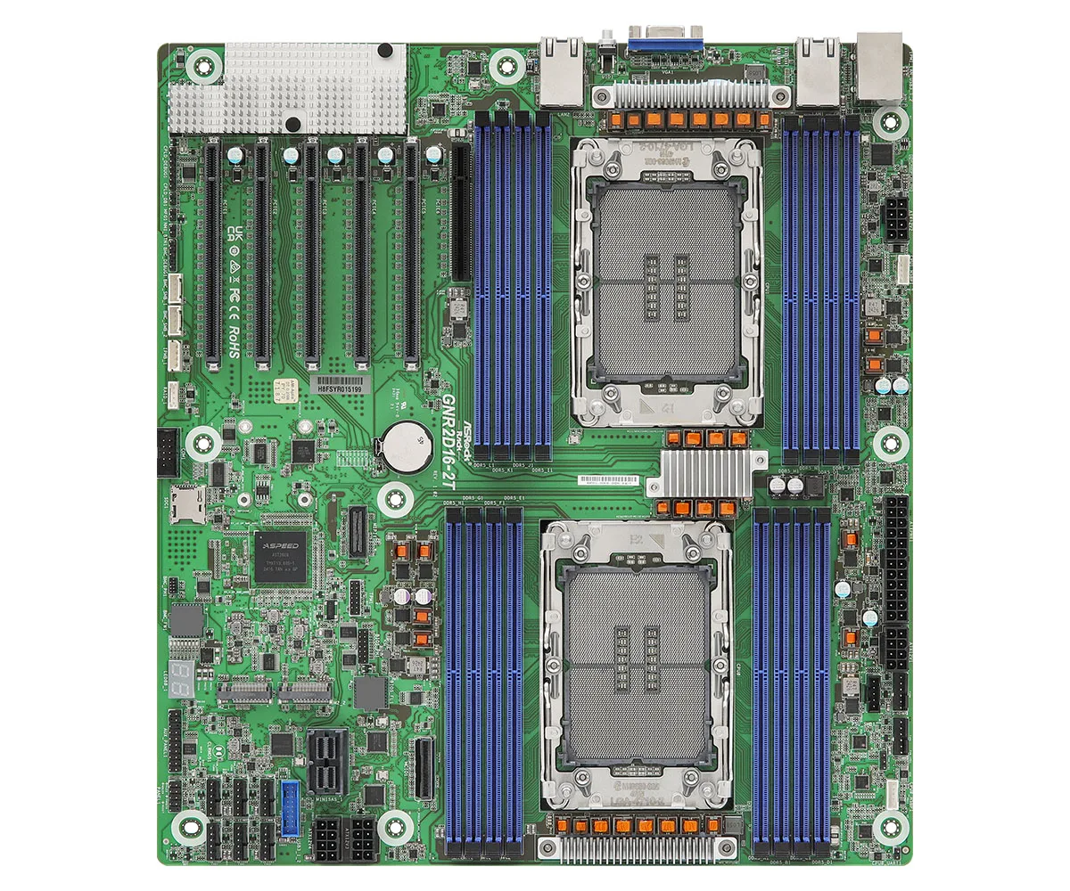 Green EEB server motherboard with dual CPU sockets, sixteen DDR5 DIMM slots, multiple PCIe x16 slots and dual 10GbE RJ45 ports