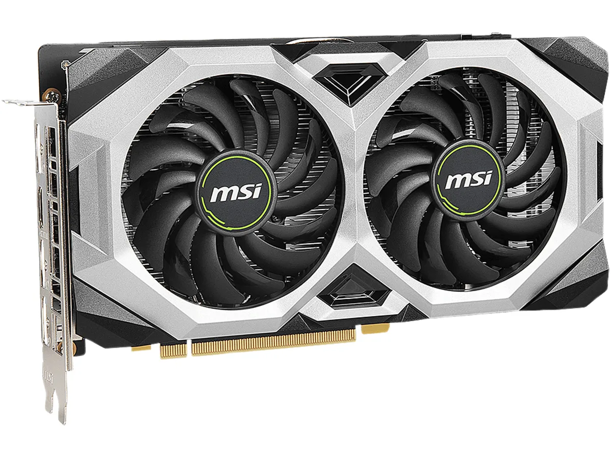 Black dual-fan graphics card with silver backplate