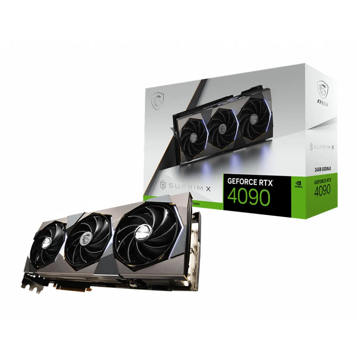 MSI GeForce RTX 4090 Suprim X graphics card with brushed metal cover, octagonal fan cutouts and polished beveled edges