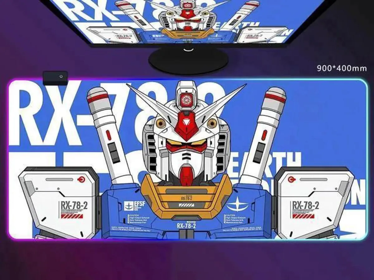 Large Gundam RX782 RGB mouse mat, smooth cloth surface, rubber base, stitched edges, 900 by 400mm