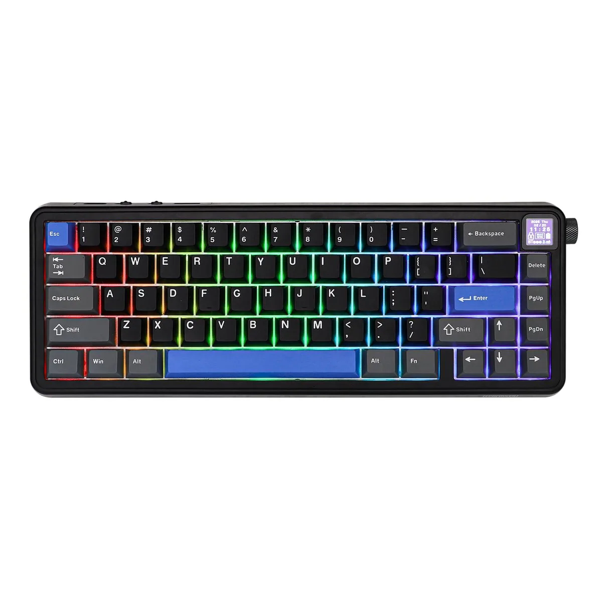 Black compact keyboard with a side knob and small screen, 66 keys, RGB backlighting