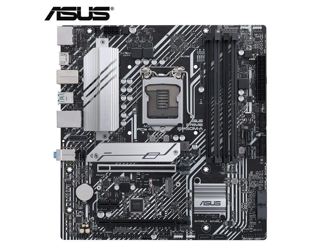 ASUS PRIME B560M-A Micro ATX motherboard, black PCB with silver heatsinks, LGA 1200 socket, four DDR4 slots, SATA ports
